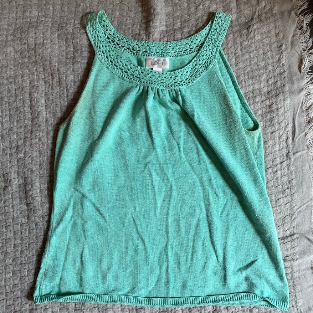 Teal woven tank top with crochet neckline